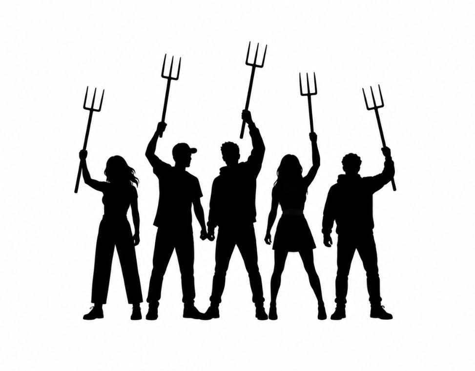 pitchforks: five figures with raised pitchforks